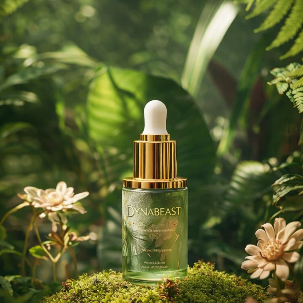 Botanical serum in lush forest setting