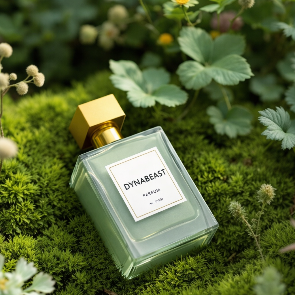 Perfume bottle on mossy garden bed