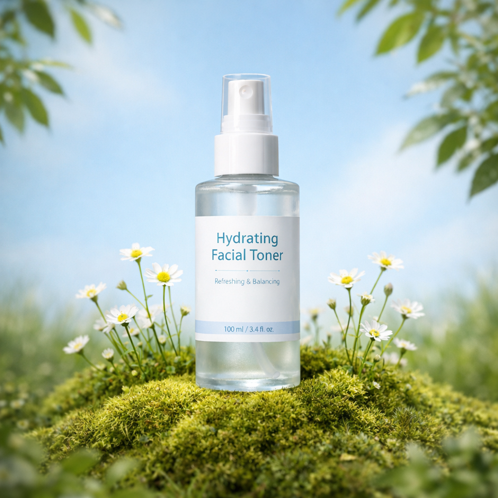 Hydrating toner on lush moss background