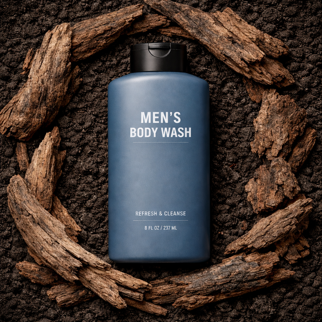 Men's body wash with rugged accents
