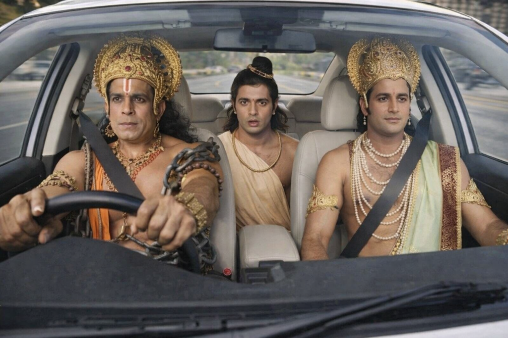 Gods Driving Cars Gemini Prompt with Ram ji, Hanuman ji and Laxman ji