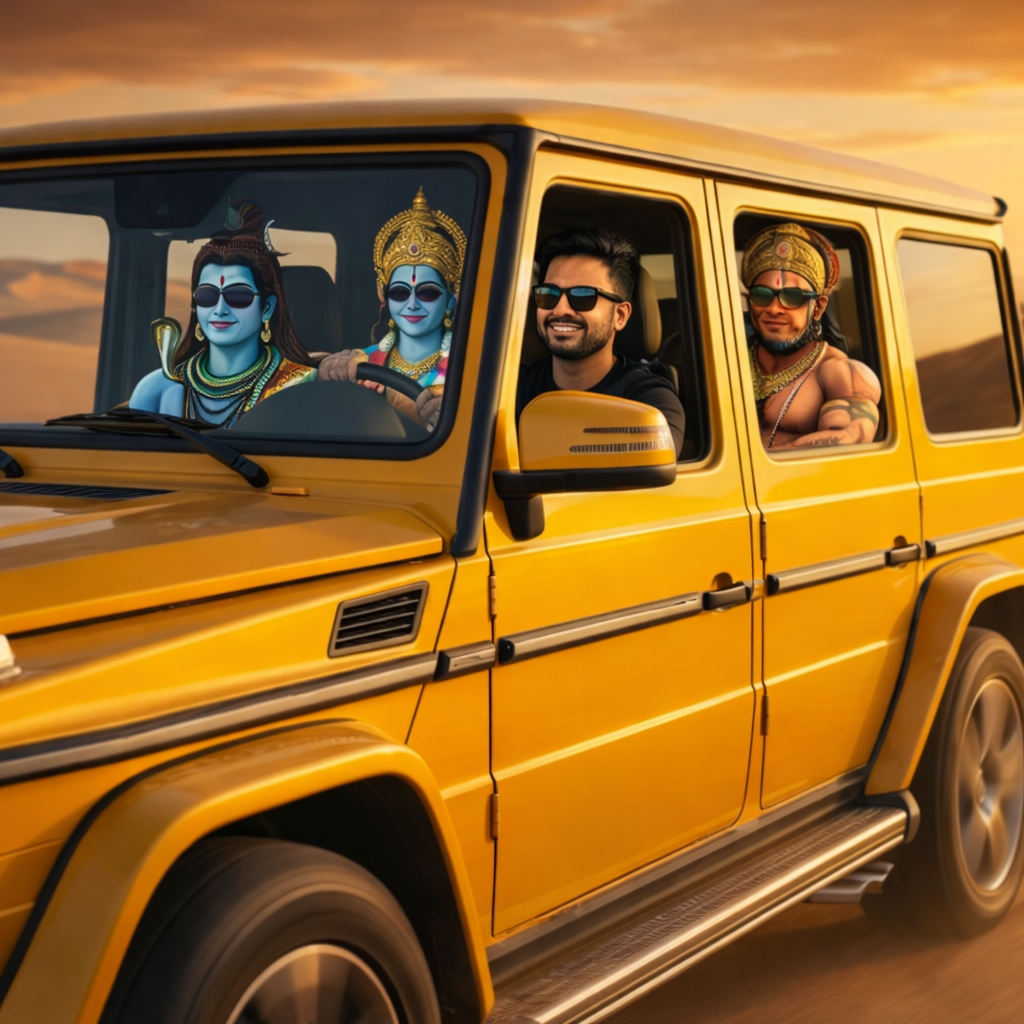 Gods Driving Cars Gemini Prompt: Ram Ji, Hanuman Ji & Laxman Ji in Desert Sunset