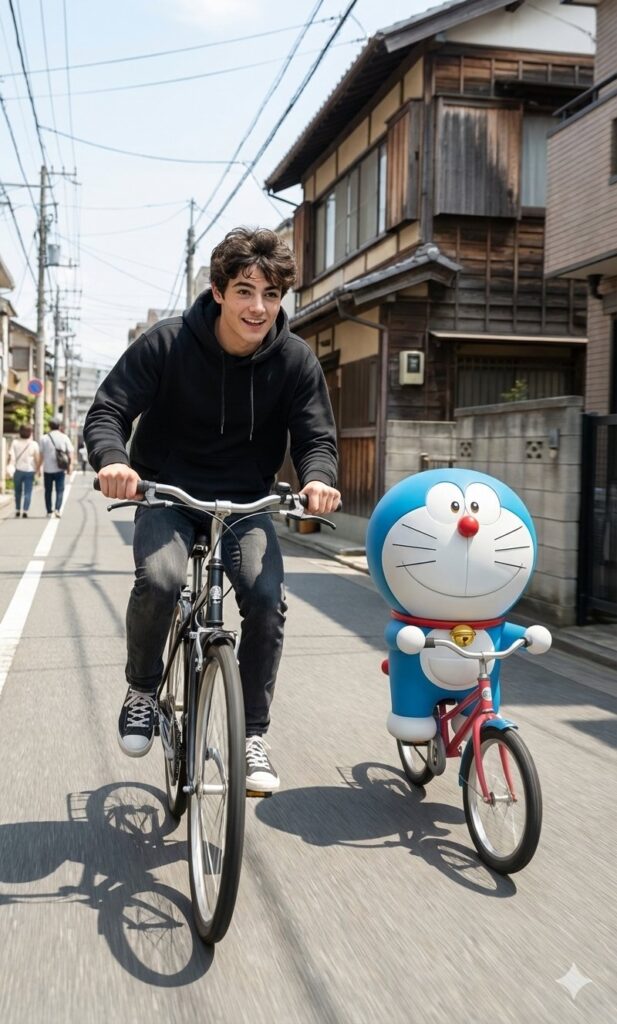 Man Riding Bicycle with Cartoon Character | how to create with nano banana pro