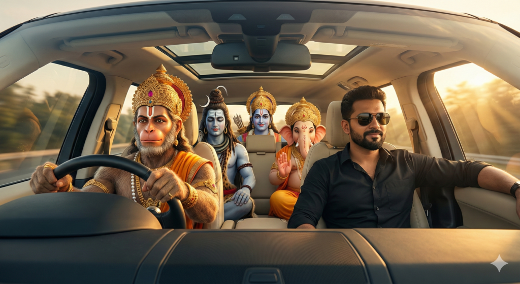 Gods Driving Cars Gemini Prompt with Shiva Ji, Ganesh ji, Hanuman ji and Vishnu ji
