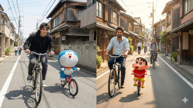 Man Riding Bicycle with Cartoon Character | how to create with nano banana pro