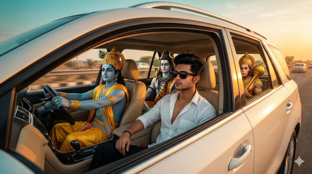 Gods Driving Cars Gemini Prompt with Shiva Ji aand Vishnu ji