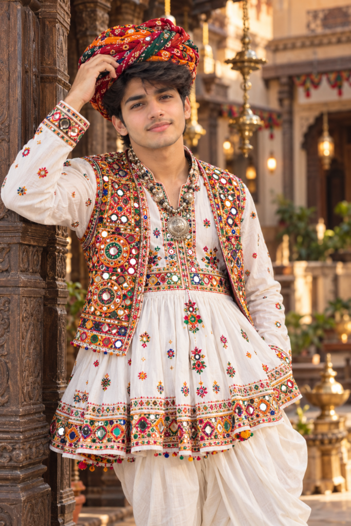 Kutchi Kediyu AI photo prompt for boys with traditional Gujarati mirrorwork outfit
