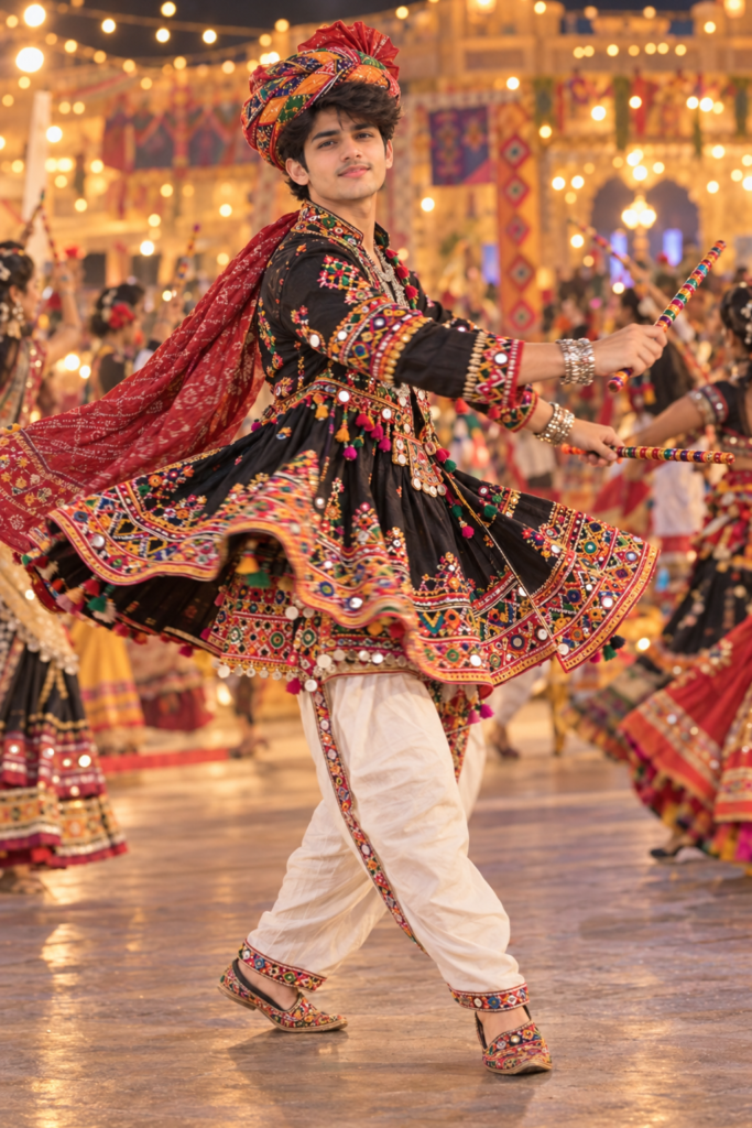 Boy wearing traditional Kutchi Kediyu during Garba night AI photo