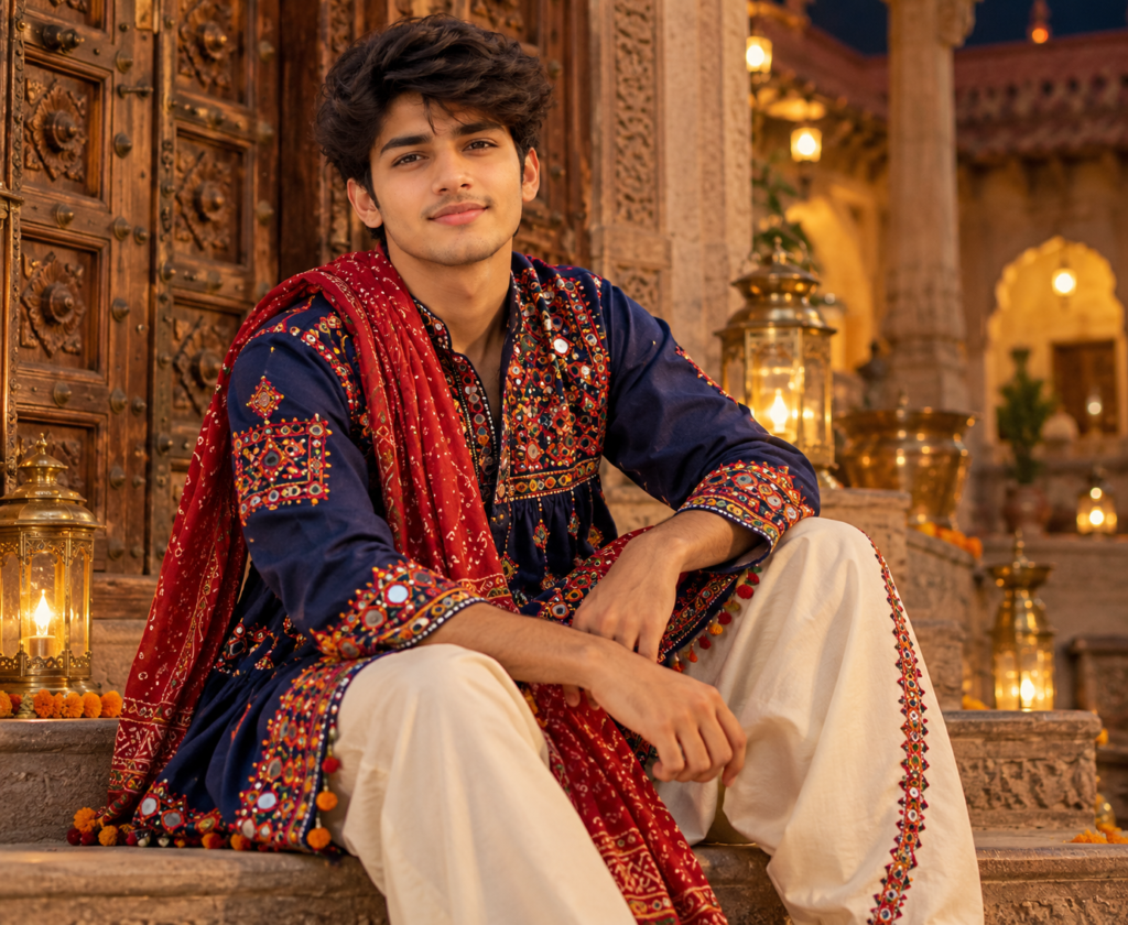 Gujarati boy in embroidered Kutchi Kediyu at a heritage haveli AI photo