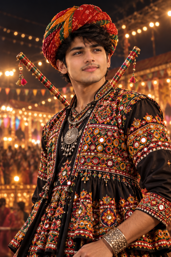 Kutchi Kediyu boy with dandiya sticks in cinematic Garba night AI photo
