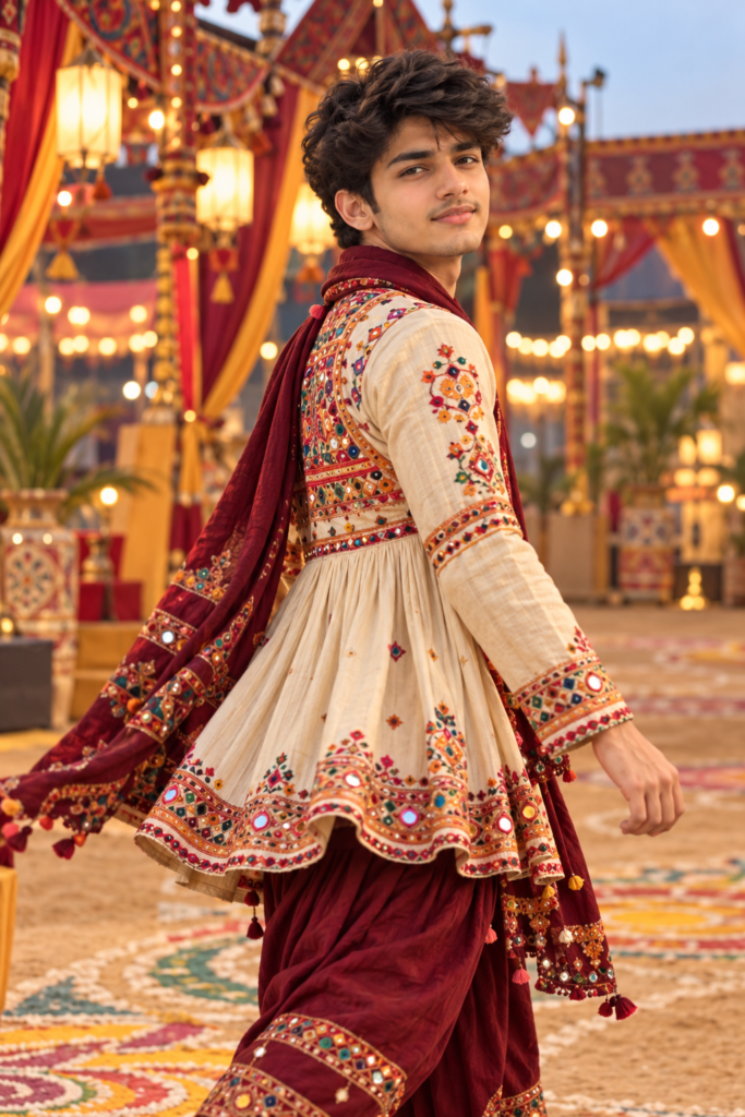 Boy wearing cream and maroon Kutchi Kediyu at Garba celebration AI photo