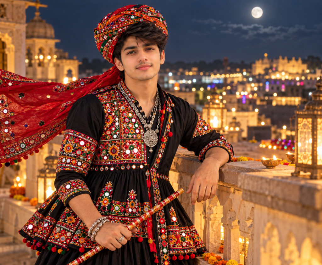 Boy in black Kutchi Kediyu on a Gujarati rooftop during Garba night