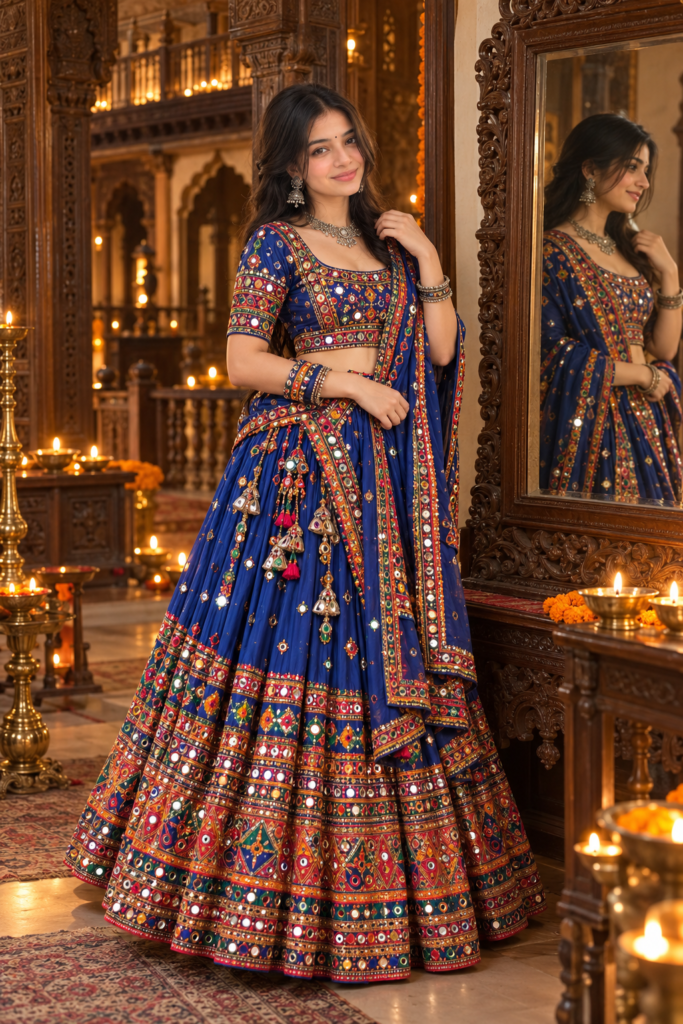 Chaniya Choli AI photo prompt for girls with traditional Gujarati mirrorwork