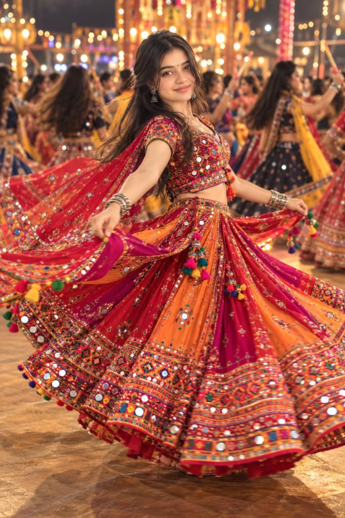 Girl wearing colorful Chaniya Choli performing Garba spin AI photo