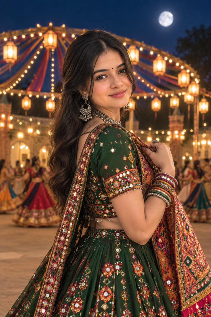Gujarati girl in green Chaniya Choli at a moonlit Garba night AI photo
