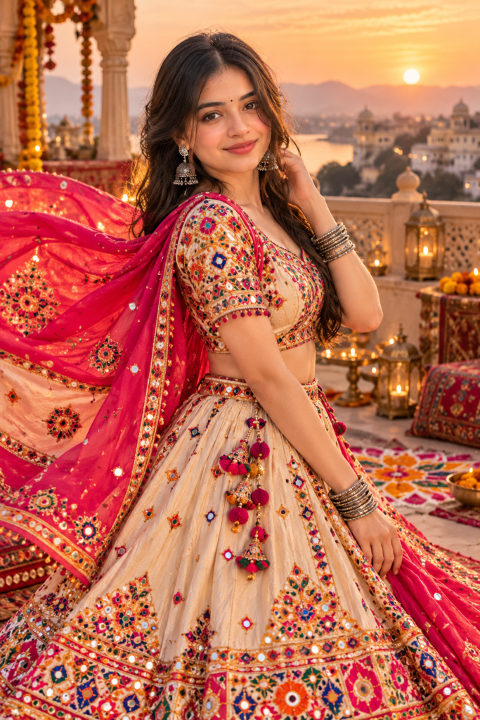 Girl wearing pink and ivory Chaniya Choli with flowing dupatta AI photo