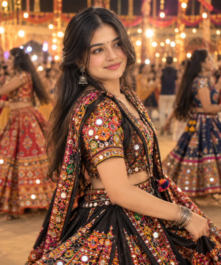 Girl in colorful Chaniya Choli surrounded by Garba dancers AI photo
