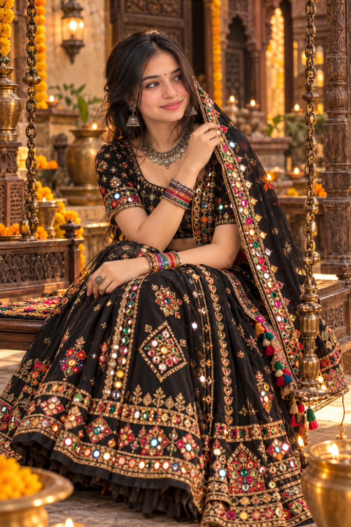 Gujarati girl wearing black and gold Chaniya Choli in heritage courtyard AI photo