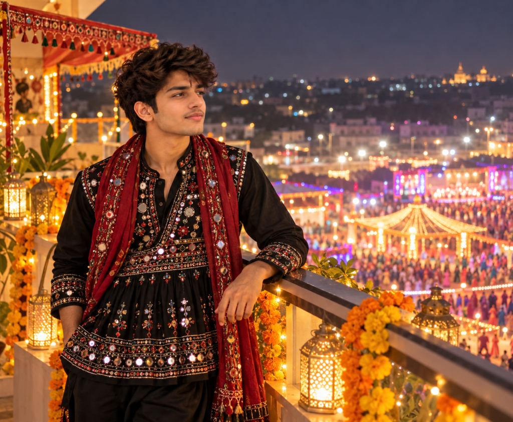 Black Theme Navratri AI Photo Prompts for Instagram || Black Theme Navratri AI Photo Prompts for Boys in Traditional Gujarati Outfit