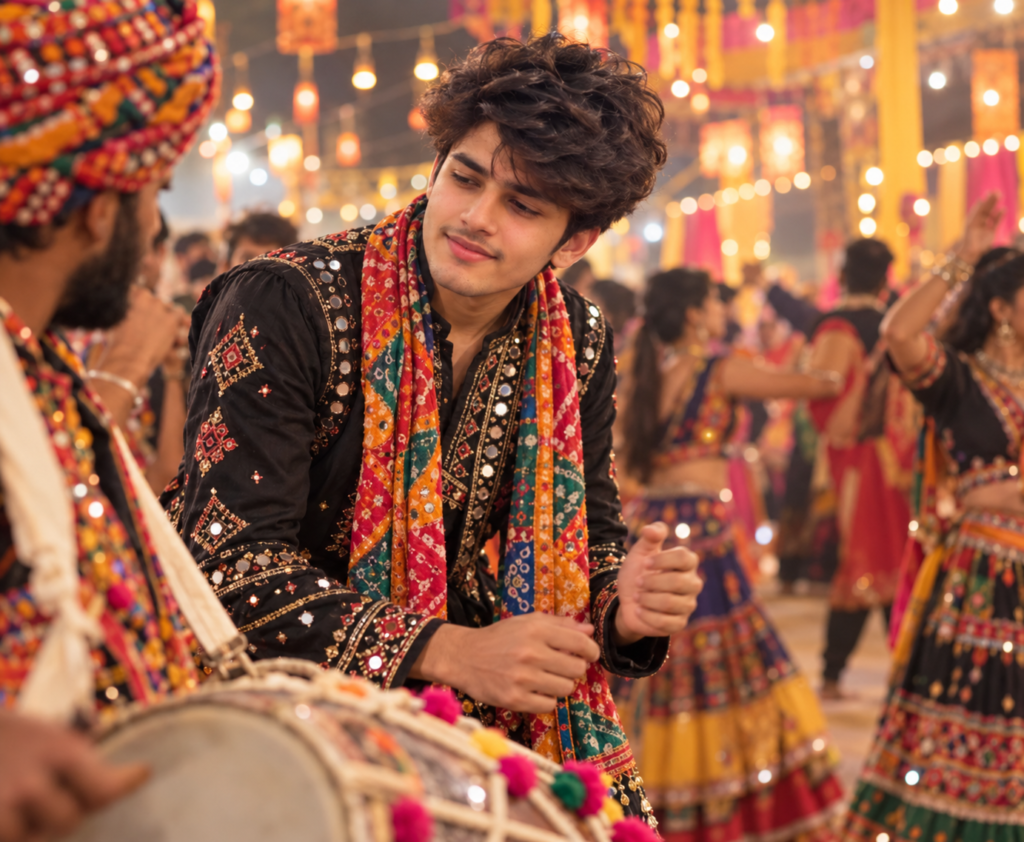 Black Theme Navratri AI Photo Prompts for Instagram  || Black Theme Navratri AI Photo Prompts for Boys in Traditional Gujarati Outfit