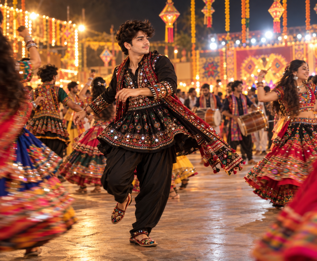 Black Theme Navratri AI Photo Prompts for Instagram || Black Theme Navratri AI Photo Prompts for Boys in Traditional Gujarati Outfit
