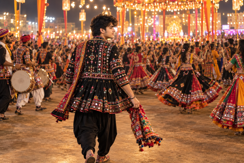 Black Theme Navratri AI Photo Prompts for Instagram || Black Theme Navratri AI Photo Prompts for Boys in Traditional Gujarati Outfit