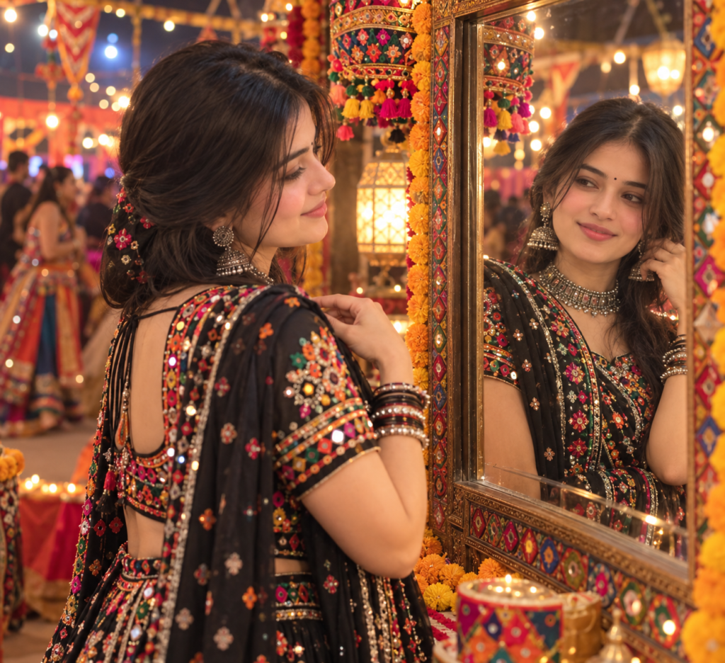Black Theme Navratri AI Photo Prompts for Instagram || Black Theme Navratri AI Photo Prompts for Girls in Chaniya Choli