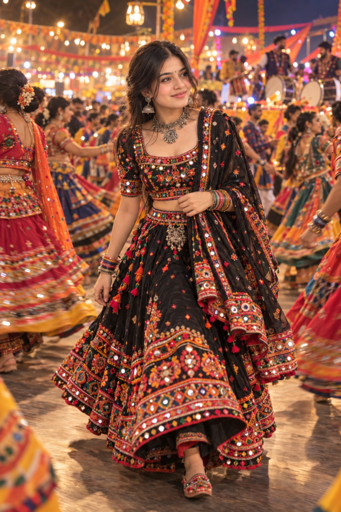 Black Theme Navratri AI Photo Prompts for Instagram || Black Theme Navratri AI Photo Prompts for Girls in Chaniya Choli