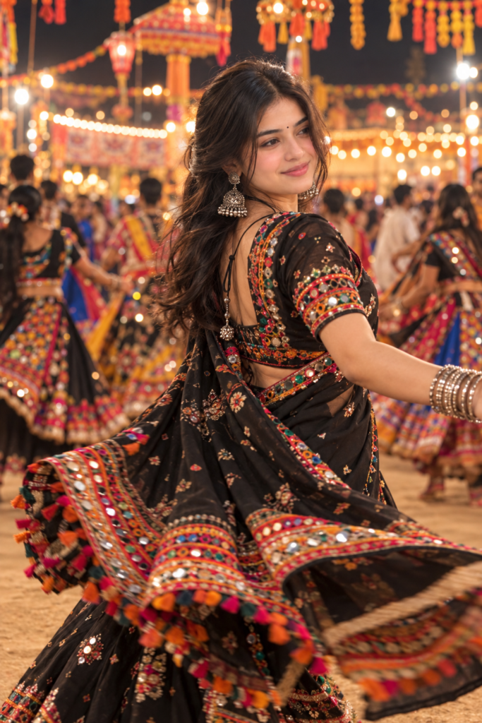 Black Theme Navratri AI Photo Prompts for Instagram || Black Theme Navratri AI Photo Prompts for Girls in Chaniya Choli