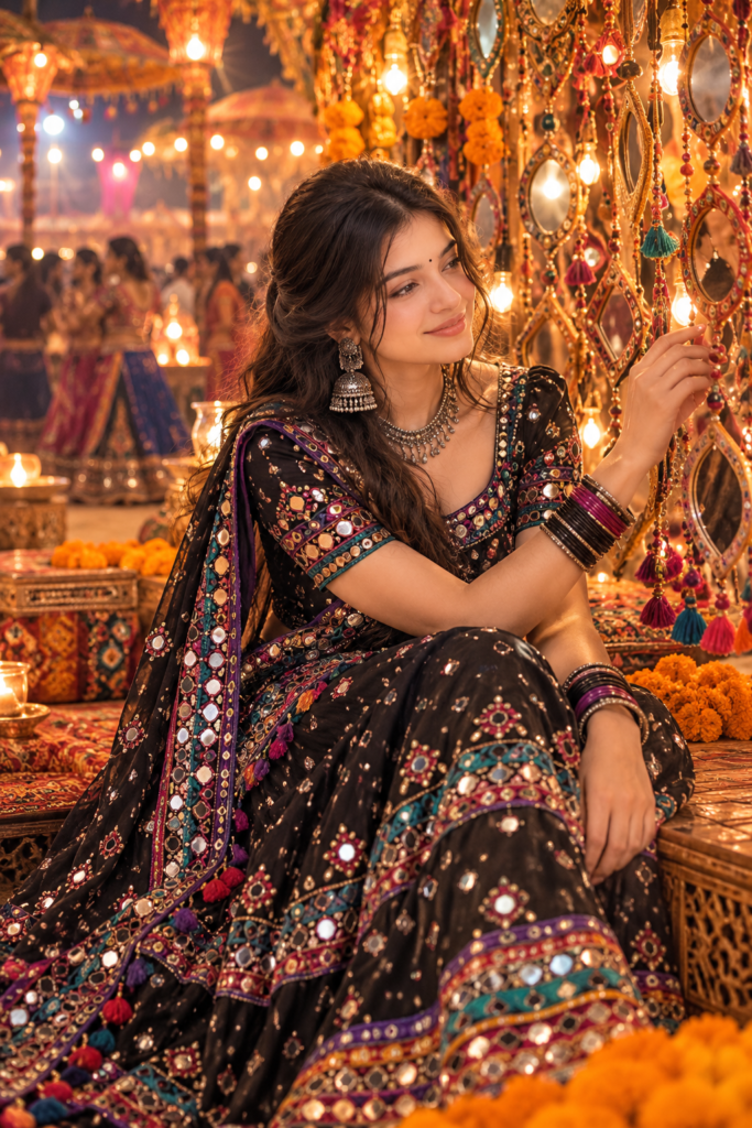 Black Theme Navratri AI Photo Prompts for Instagram || Black Theme Navratri AI Photo Prompts for Girls in Chaniya Choli