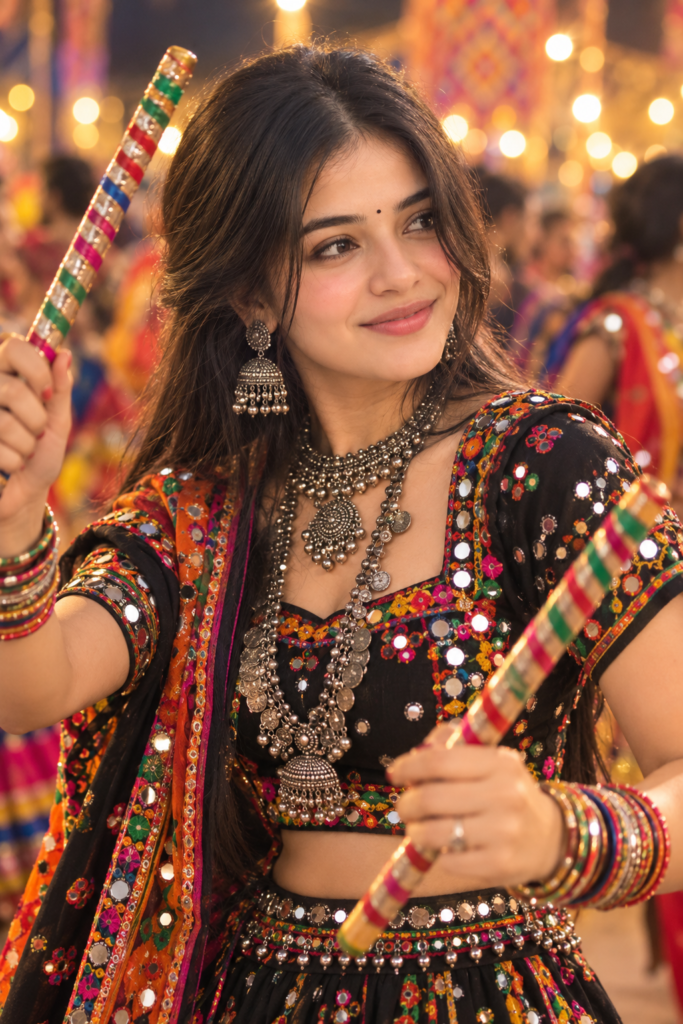 Black Theme Navratri AI Photo Prompts for Instagram || Black Theme Navratri AI Photo Prompts for Girls in Chaniya Choli