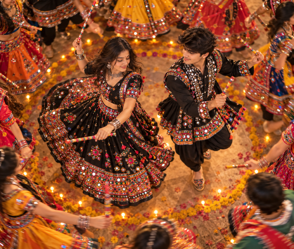 Black Theme Navratri AI Photo Prompts for Instagram || Black Theme Navratri AI Photo Prompts for Couples in Gujarati Traditional Outfits
