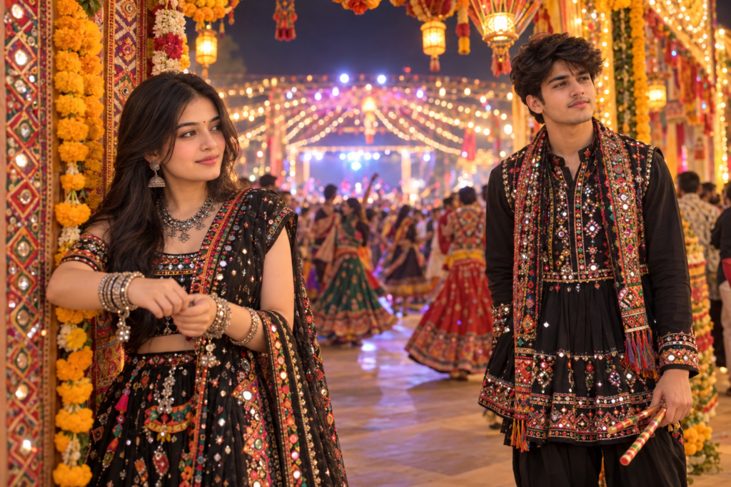 Black Theme Navratri AI Photo Prompts for Instagram  || Black Theme Navratri AI Photo Prompts for Couples in Gujarati Traditional Outfits