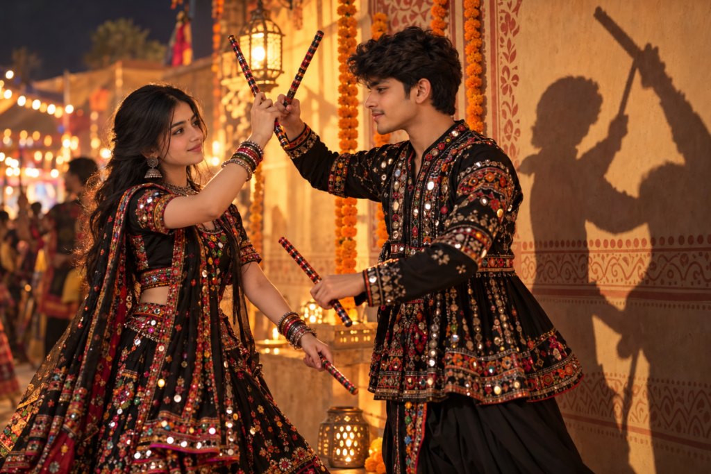 Black Theme Navratri AI Photo Prompts for Instagram || Black Theme Navratri AI Photo Prompts for Couples in Gujarati Traditional Outfits