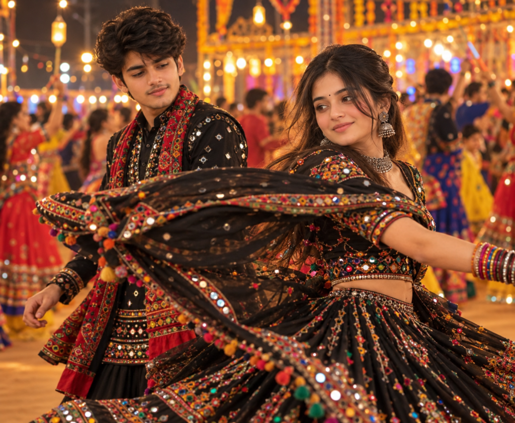 Black Theme Navratri AI Photo Prompts for Instagram || Black Theme Navratri AI Photo Prompts for Couples in Gujarati Traditional Outfits