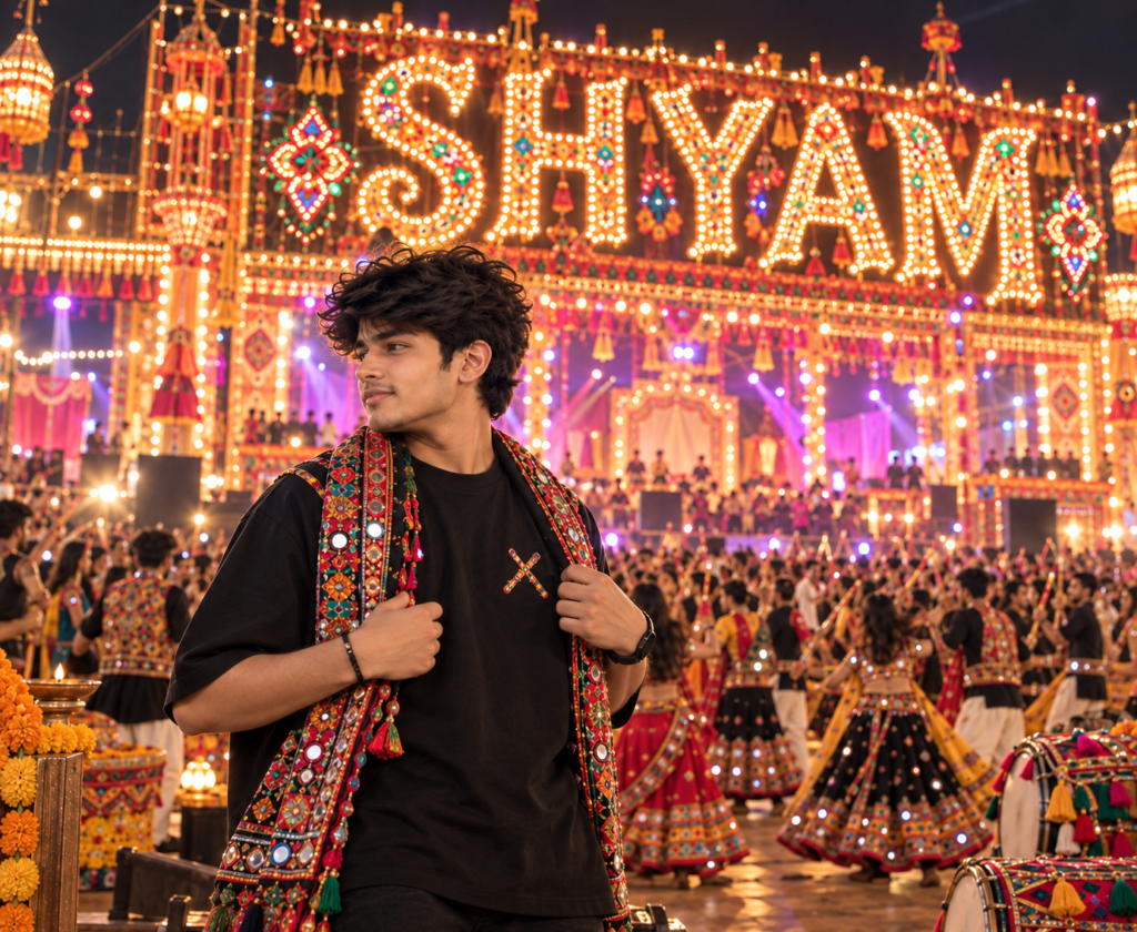 Navratri name on T-shirt AI prompt for boys in stylish Garba outfit