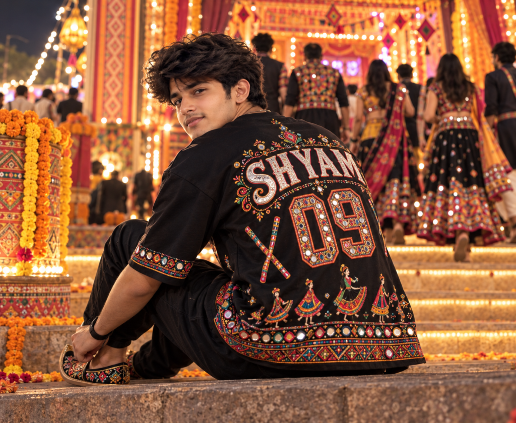 Navratri name on T-shirt AI prompt for boys in stylish Garba outfit