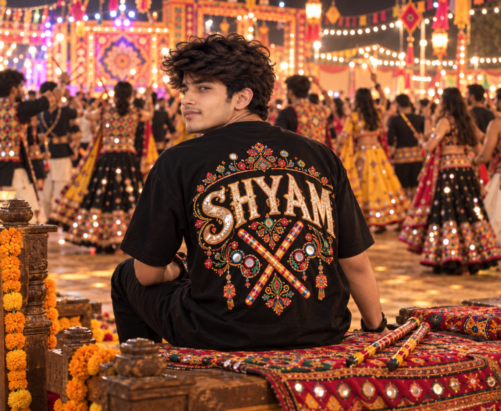 Navratri name on T-shirt AI prompt for boys in stylish Garba outfit