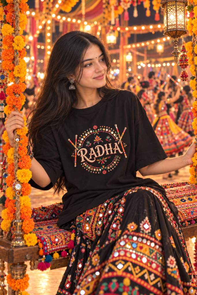 Navratri name on T-shirt AI photo prompt for girls