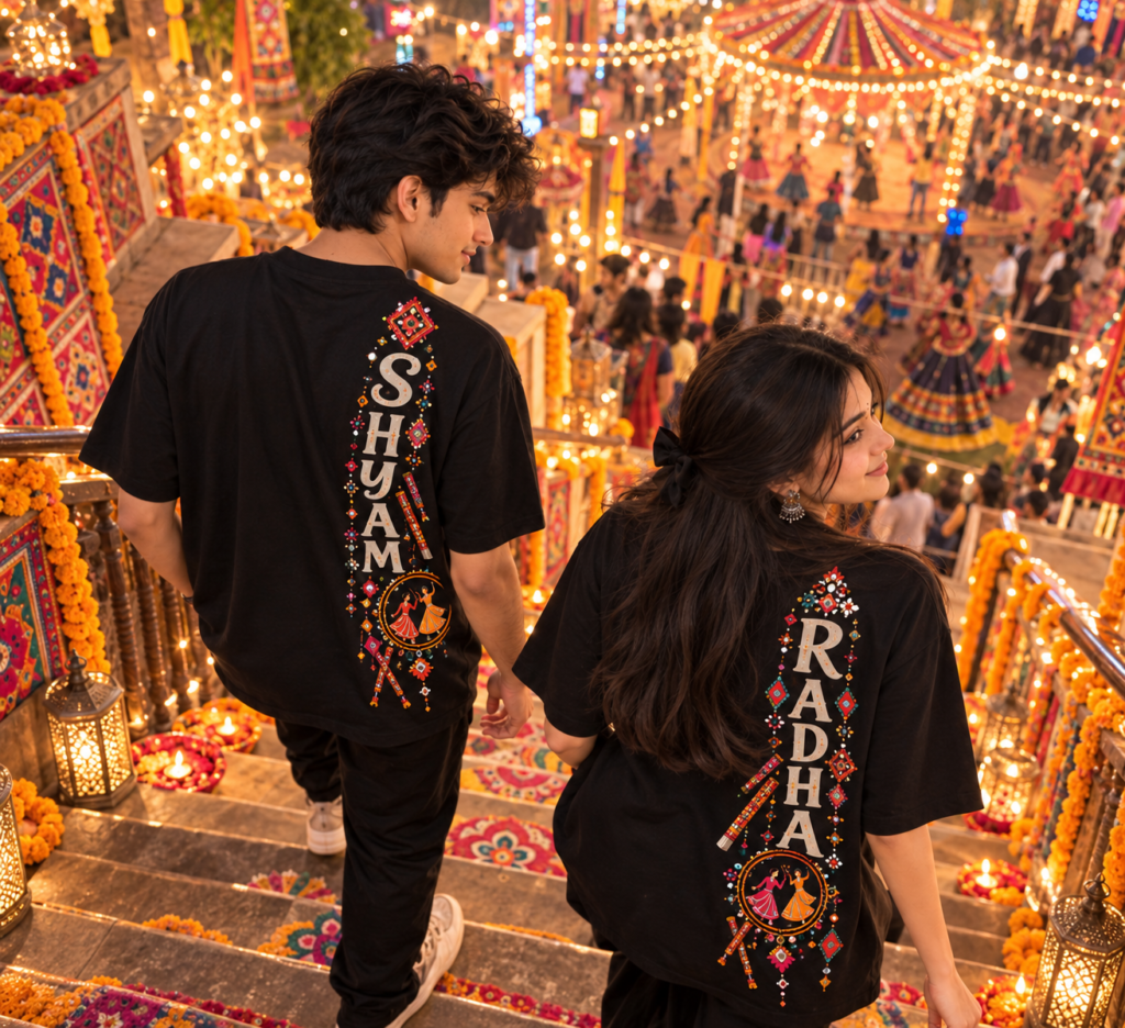 Navratri name on T-shirt AI photo prompt for couples