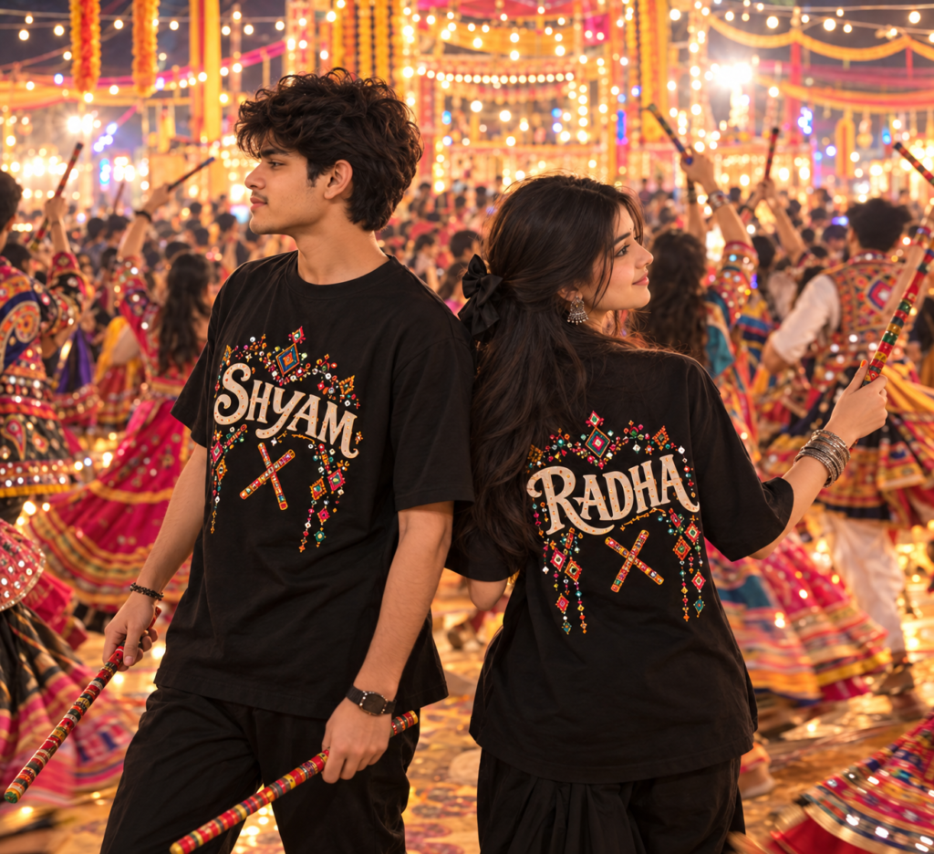 Personalized couple name T-shirt AI photo for Navratri