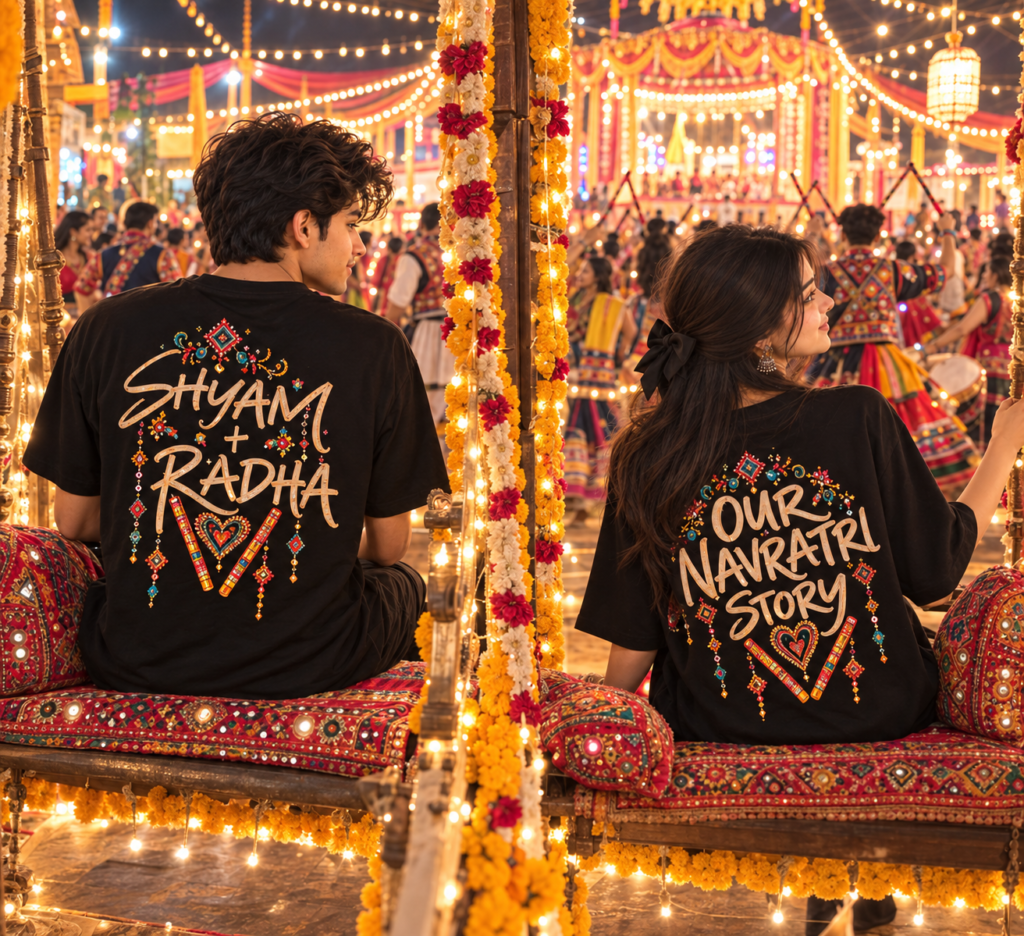 Custom name T-shirt Navratri AI image prompt for couples at Garba night