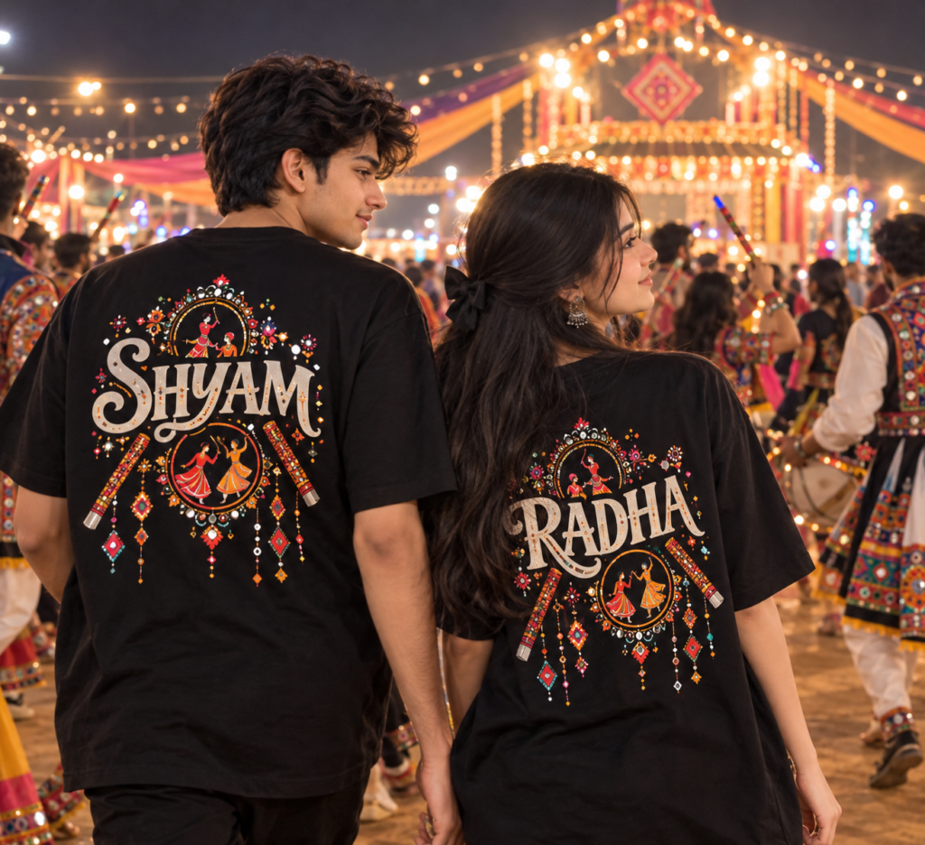 Custom name T-shirt Navratri AI image prompt for couples at Garba night