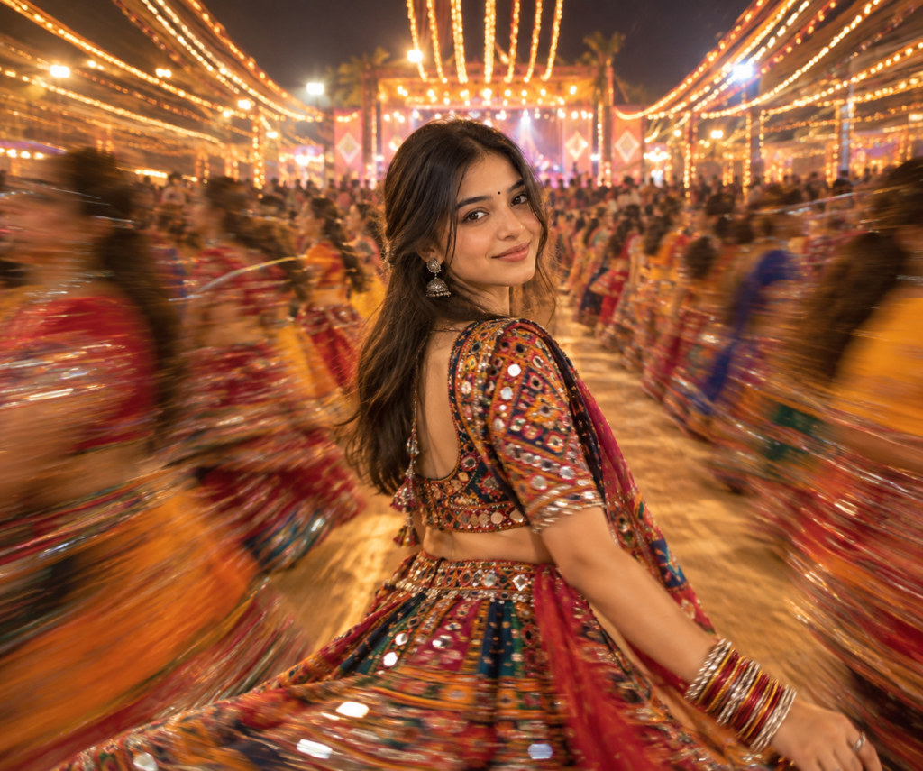 cinematic slow shutter Garba prompt for girls