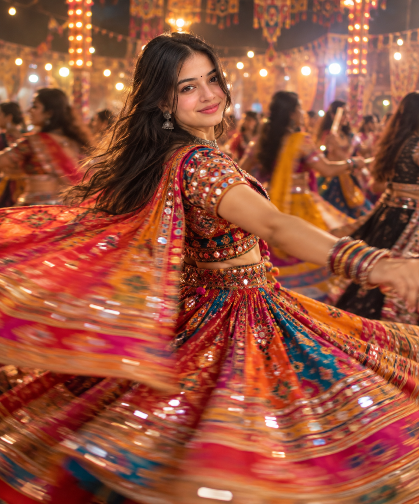 cinematic slow shutter Garba prompt for girls