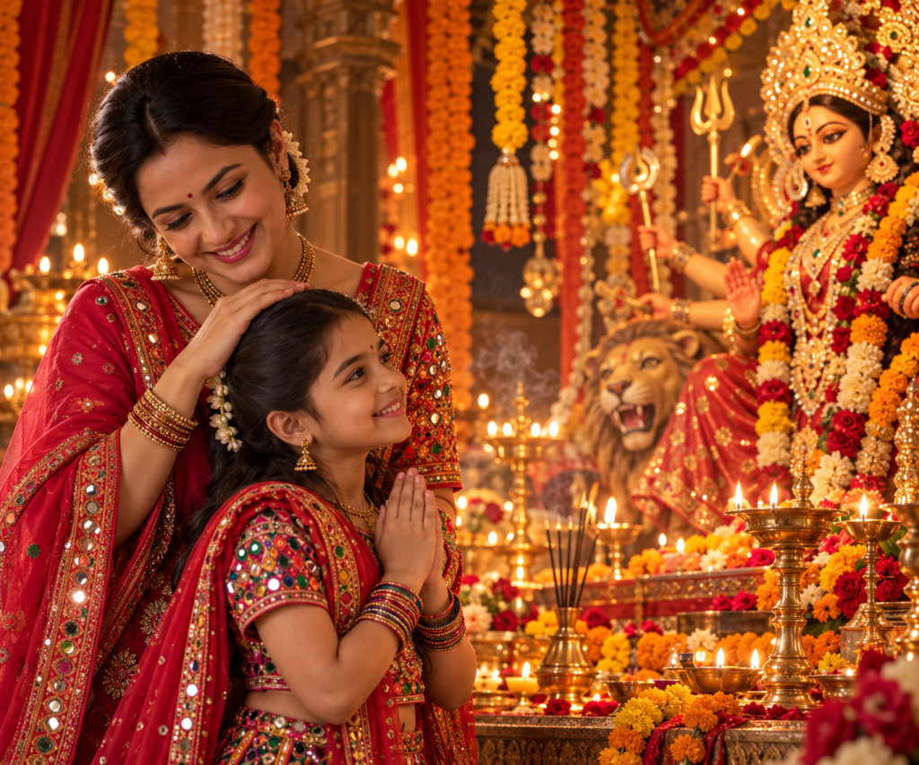 Navratri Mother and Daughter AI Photo Prompts in Traditional Gujarati Outfits