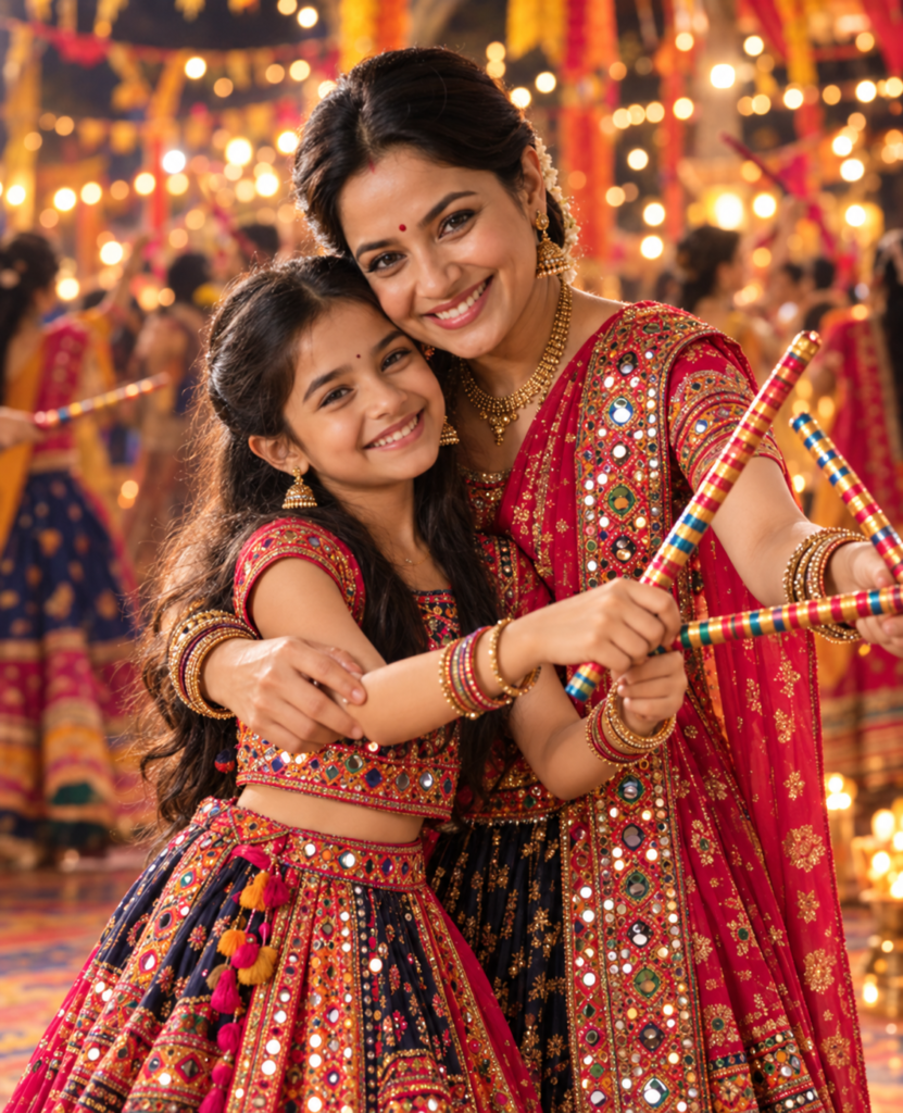 Navratri Mother and Daughter AI Photo Prompts in Traditional Gujarati Outfits