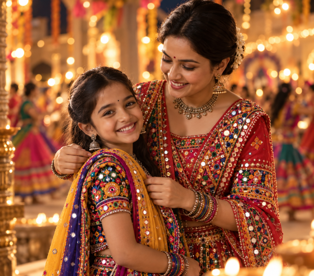 Navratri Mother and Daughter AI Photo Prompts in Traditional Gujarati Outfits