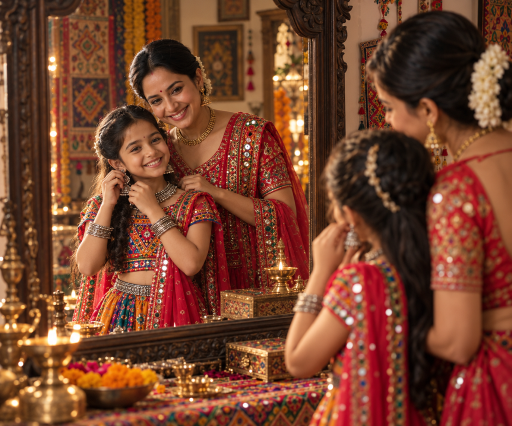 Navratri Mother and Daughter AI Photo Prompts in Traditional Gujarati Outfits