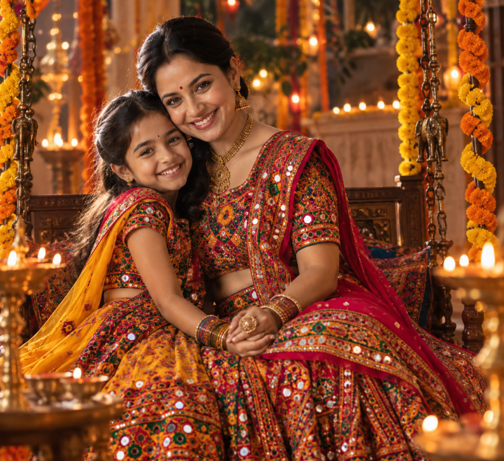 Navratri Mother and Daughter AI Photo Prompts in Traditional Gujarati Outfits